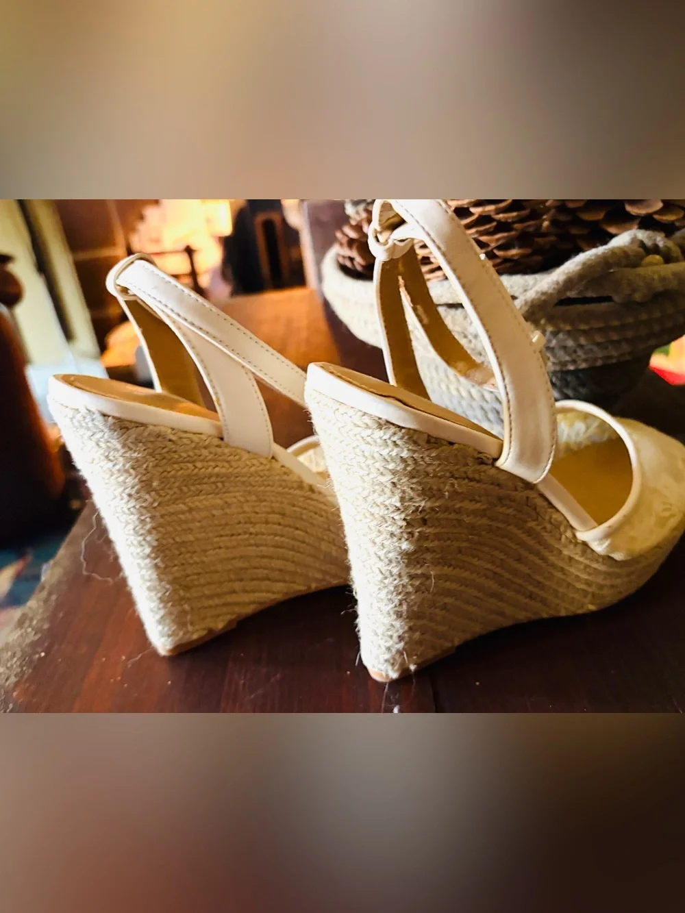 IVORY LACE ESPADRILLES WOVEN 5” HEEL 1” PLATFORM ANKLE STRAPS BEAUTIFUL SIZE 7B